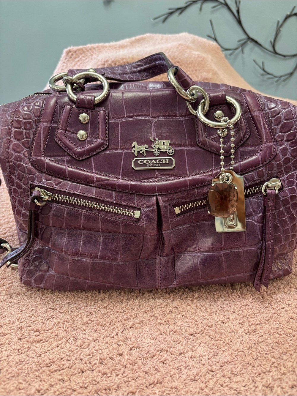 COACH Plum Croc-Embossed Leather Satchel with Gold Hardware